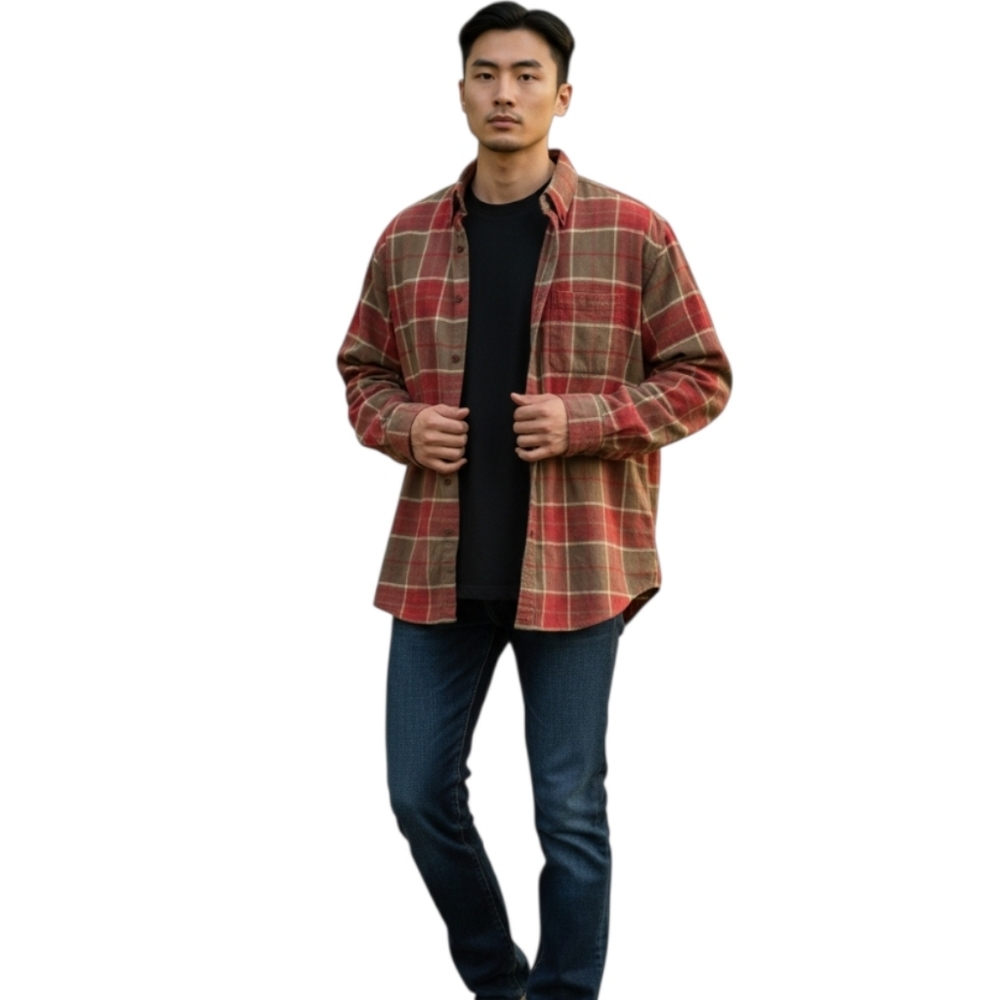 🦜 2/$10 Land's End Flannel Plaid Cotton Long Sleeve Men's Shirt. Size XL.